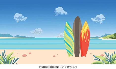 Vector landscape, background image of a tropical beach and surfs on the shore.