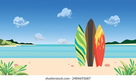 Vector landscape, background image of a tropical beach and surfs on the shore.