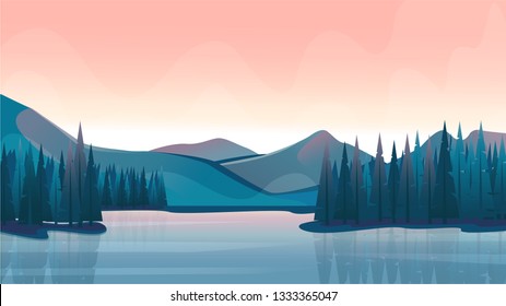 Vector landscape background with mountains, forest and water. Vector flat minimalistic illustration.