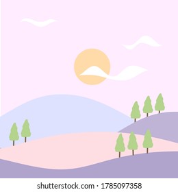Vector landscape background, natural hills with trees, sun, and cloud in pastel purple pink colour for social media post