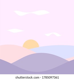 Vector landscape background, natural hills with sun and cloud in pastel purple pink colour for social media post
