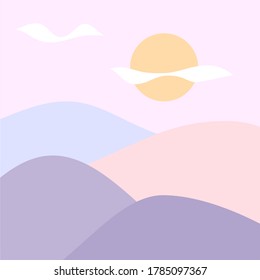 Vector landscape background, natural hills with sun and cloud in pastel purple pink colour for social media post