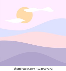 Vector landscape background, natural hills with sun and cloud in pastel purple pink colour for social media post