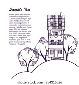 Vector landscape background with old european house on white background. Hand drawn vector illustration.