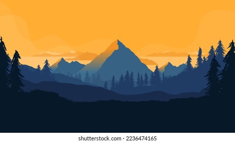 Vector landscape background - Orange and yellow nature scene with mountains and forest. Flat design and copy space for text