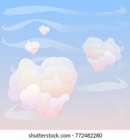 Vector landscape. Background for postcards on the day of St. Valentine. Blue sky with clouds in the form of hearts.