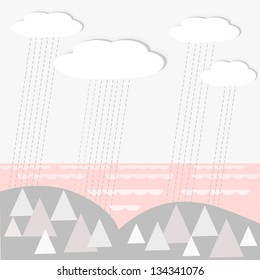 Vector landscape background with rainy clouds, wood and sea