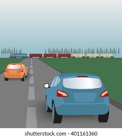 Vector landscape background: road with cars in green valley and  freight train. Flat design