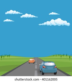 Vector landscape background: road with cars in green valley, hills, clouds. Flat design.