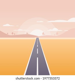 Vector landscape background. Road in golden yellow wheat field, mountains, hills, clouds on the sky. Flat style illustration of autumn nature.