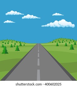 Vector landscape background: road in green fir tree valley, hills, clouds. Flat design