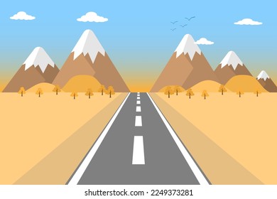 Fondo del paisaje vectorial. Camino en campo natural, montañas, colinas, nubes en cielo azul. Ilustración de estilo plano de la naturaleza otoñal y primaveral.
