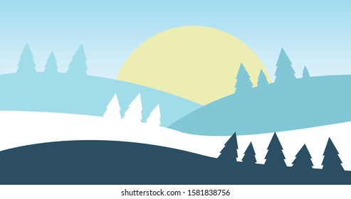 Vector landscape background with snow, hills, trees, sky and sun. Vector illustration.