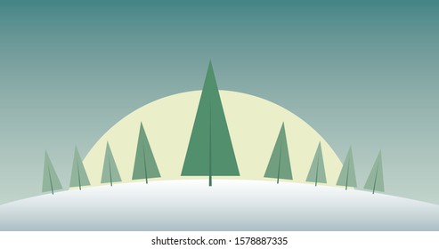 Vector landscape background with snow, trees, moon and sky. Vector illustration.