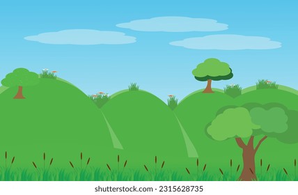 Vector landscape background, spring green hill, colorful flowers, green grass, colorful trees, blue sky.