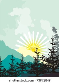 Vector landscape background with tree silhouettes at sunrise.