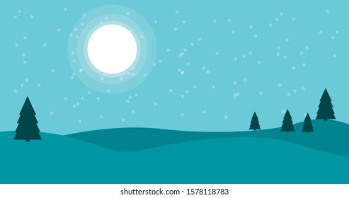 Vector landscape background with trees, hills, moon and stars. Vector illustration.