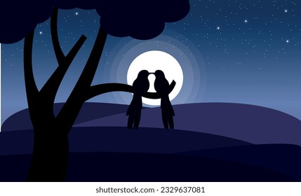 Vector landscape background Two birds sit together on a branch on a dark starry moonlit night.