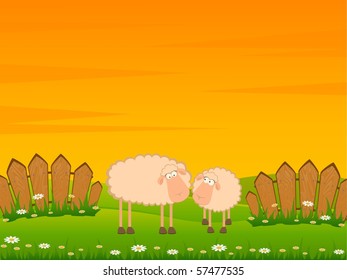 Vector landscape background with two cartoon smiling sheep