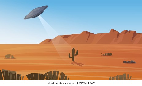 Vector landscape background with UFO. Flying saucer over the desert. An unidentified flying object over Nevada.