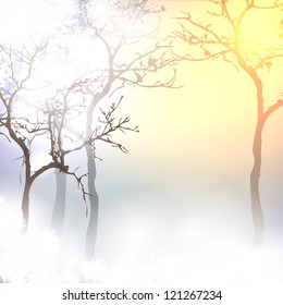 Vector landscape background with a winter tree in sunrise