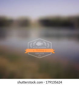 Vector landscape with badge. Simple nature with hipster badge. Label design with fish and ribbon. 