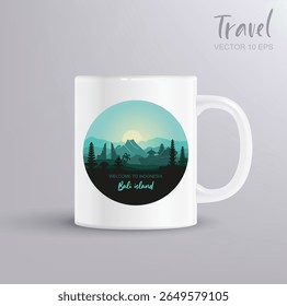 Paisagem vetorial da ilha de Bali com texto de boas-vindas à Indonésia em desenho redondo sobre maquete de caneca realista