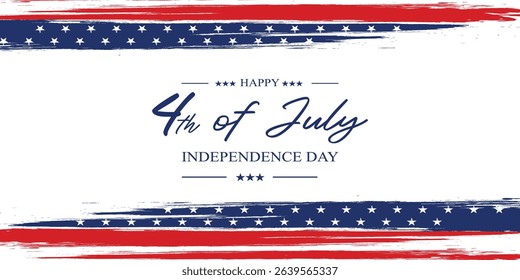 Vector landscape banner celebrating US Independence Day with red-white-blue flag vector, bright fireworks and gold stars. Dynamic, patriotic design, perfect for digital or print decoration.