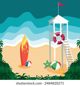 Vector landscape of the beach and everything you need for outdoor activities.  A rescue post on the shore. Balls and surfboards.