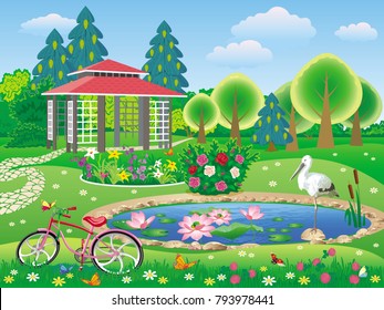 Vector landscape a beautiful garden with a gazebo and pond with a stork