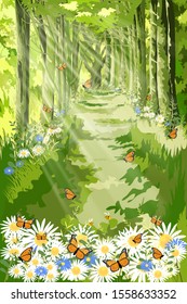 Vector landscape of Beautiful Senery of nature with sun light shining in morning forest foliage,Fantasy cartoon of green forest with butterfly and bee flying over daisy field in summer.