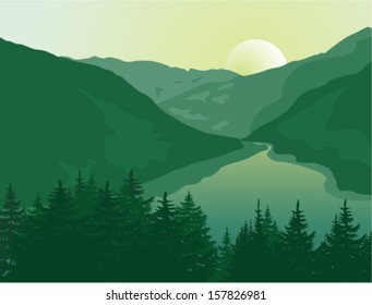 Vector landscape. Beautiful sunrise in a mountain river canyon.