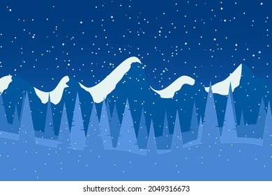 Vector landscape Big mountain with pines, hills, and snowflakes. winter holidays