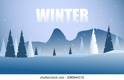 Vector landscape Big mountain with pines, hills, and snowflakes. winter holidays