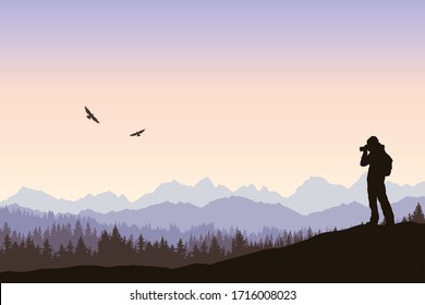 Vector landscape, birdwatching at sunrise, silhouette of a lonely traveler taking picture of flying birds. Outdoor hiking, backpacking, explore and discover. Nature photographer, mountains and forest