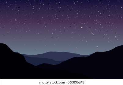 Vector landscape with black silhouette of land and starry blue and violet sky