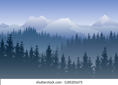 Vector landscape with blue forests and snowy mountains on the background.