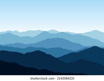 Paisaje vectorial con siluetas de niebla azul de las montañas