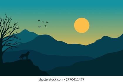 Vector landscape of blue mountains with a clear sky, sun, leafless tree silhouettes, and a wolf.