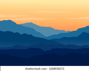 Vector landscape with blue mountains and hills with beautiful orange evening sky. Huge mountain range silhouette in twilight. Vector hand drawn illustration.