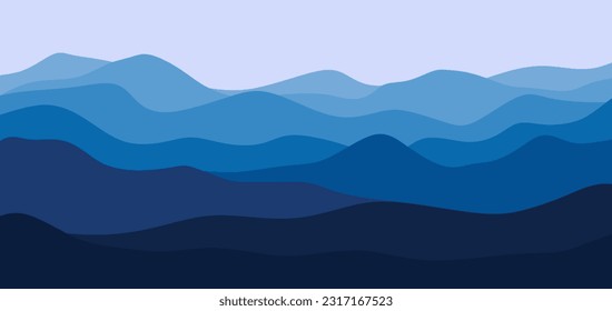 Vektorlandschaft mit blauen Berge Silhouetten. Natürliche Landschaft horizontale Szene mit Hügeln, Berge, blauer Himmel, Panoramablick. Vektorgrafik