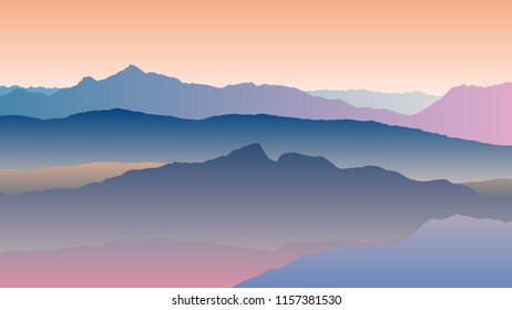 Vector landscape with blue orange silhouettes of mountains vector eps 10