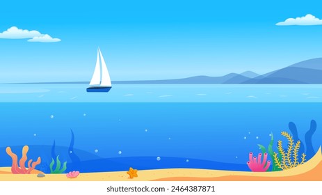 Vector landscape of blue sea, above and under water, yacht sky background. Sea or ocean marine fauna coral reefs summer vacation concept seaside landscape background horizontal vector illustration