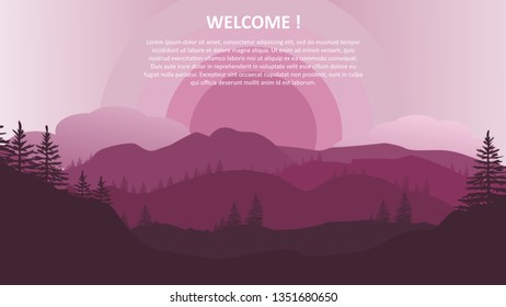 Vector landscape with blue silhouettes of hills and mountains with light sky.
