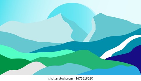 Vector landscape with blue silhouettes of hills and mountains with light blue sky