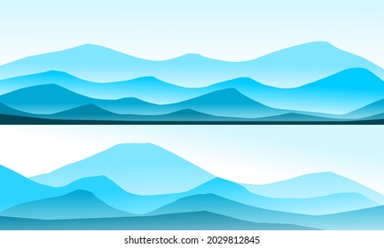 Paisaje vectorial con siluetas azules de colinas y montañas