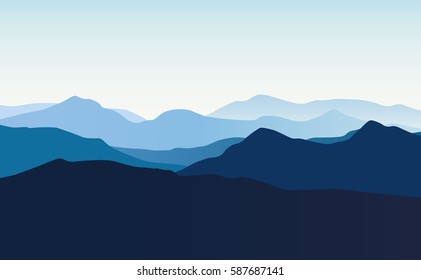 Vector landscape with blue silhouettes of hills and mountains