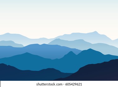Vector landscape with blue silhouettes of hills and mountains with light blue sky
