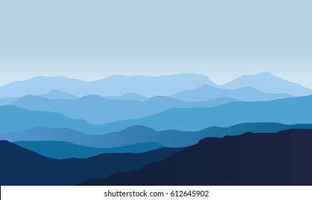 Vector landscape with blue silhouettes of hills and mountains 