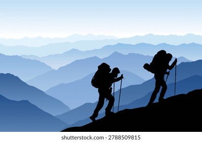 Vector landscape with blue silhouettes of misty mountain range and two hikers with backpacks and trekking poles going up